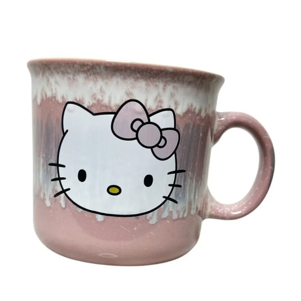 Sanrio Hello Kitty Pink Bow Reactive Glaze Ceramic 20 oz Camper Mug Pink‎ NEW